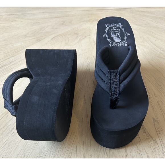 Y2K Platform Flip Flop Sandals Woman’s 6/6.5 Black Thong Chunky Heel Goth Grunge - Picture 3 of 10